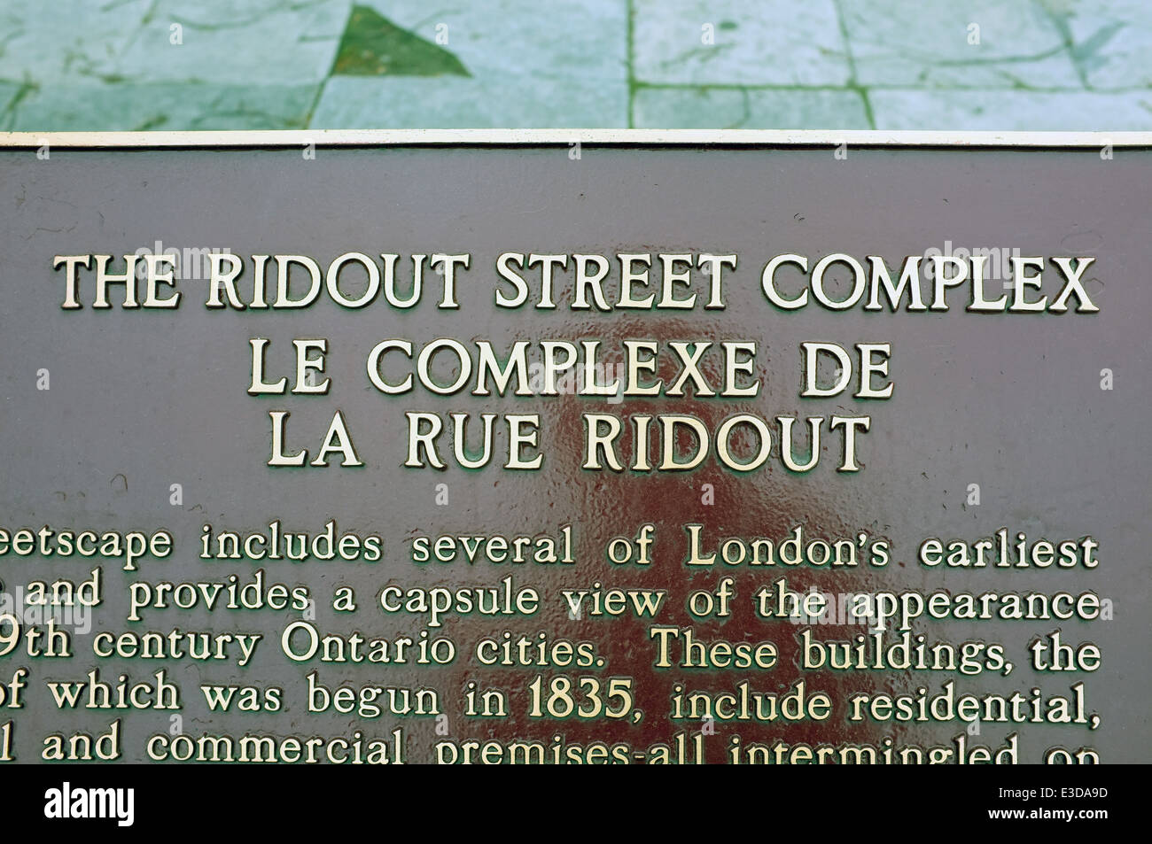 The sign outside the Ridout Street Complex in London, Ontario which is a National Historic Site of Canada. Stock Photo