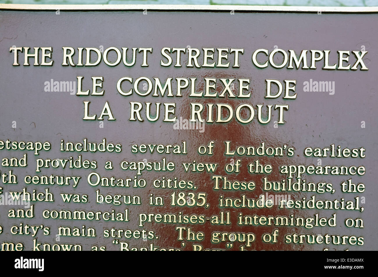 The sign outside the Ridout Street Complex in London, Ontario which is a National Historic Site of Canada. Stock Photo