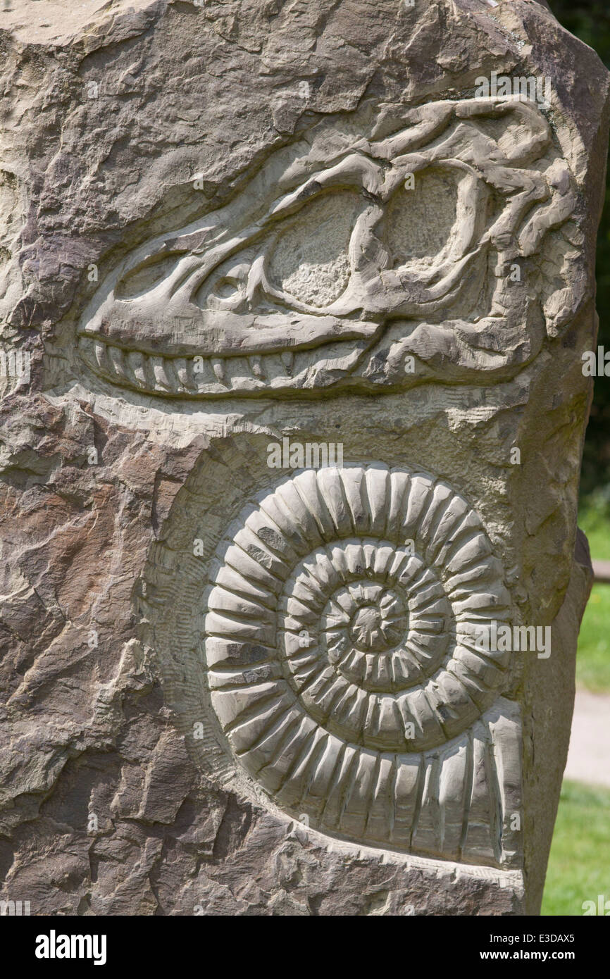 Carving in the childrens play area of Yarrow Valley Country Park in Coppull, Lancashire, UK. Stock Photo