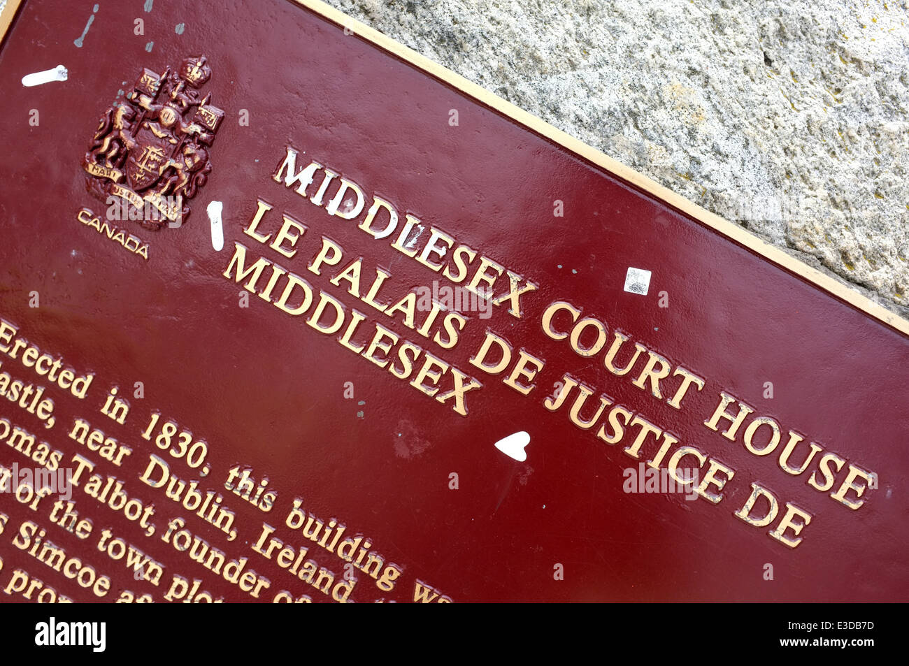 The sign outside the Middlesex Court House in London, Ontario which is a National Historic Site of Canada. Stock Photo