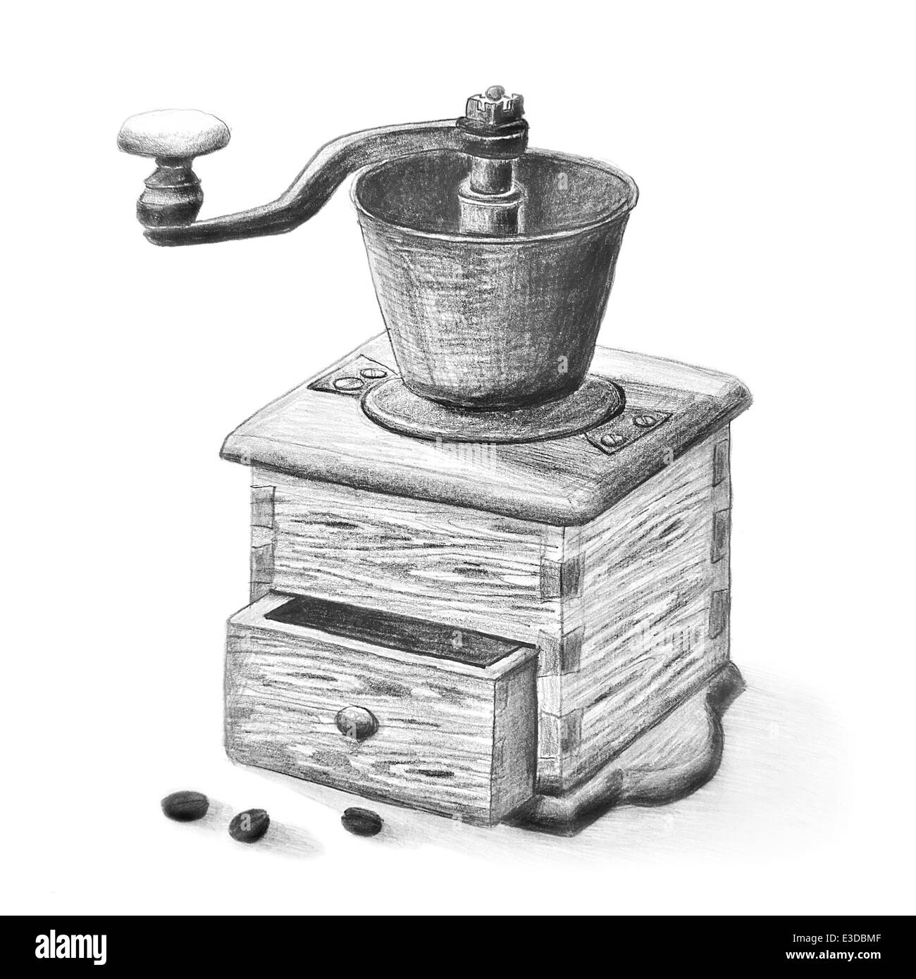 Antiquarian wooden coffee grinder with crank, drawer and coffee beans. Detailed freehand pencil drawing, vintage style. Stock Photo