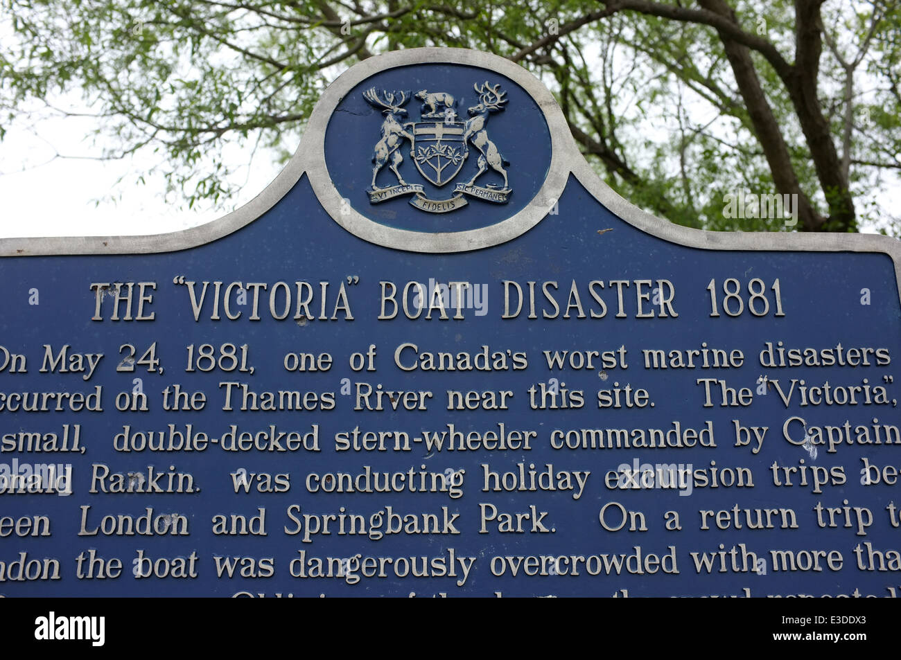 A sign commemorating the Victoria boat disaster in London, Ontario in Canada. Stock Photo