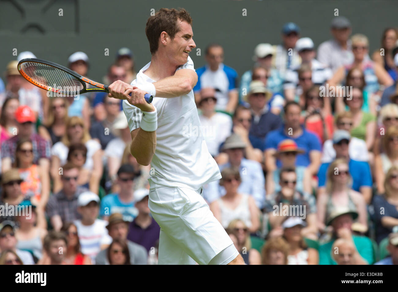 Wimbledon, London, UK. 23rd June, 2014. Wimbledon, London, UK. 23rd June, 2014. Picture shows Andy Murray )GBR) defending his Wimbledon title on the first day of Wimbledon Tennis Championships 2014 against David Goffen (BEL). Credit:  Clickpics/Alamy Live News Stock Photo