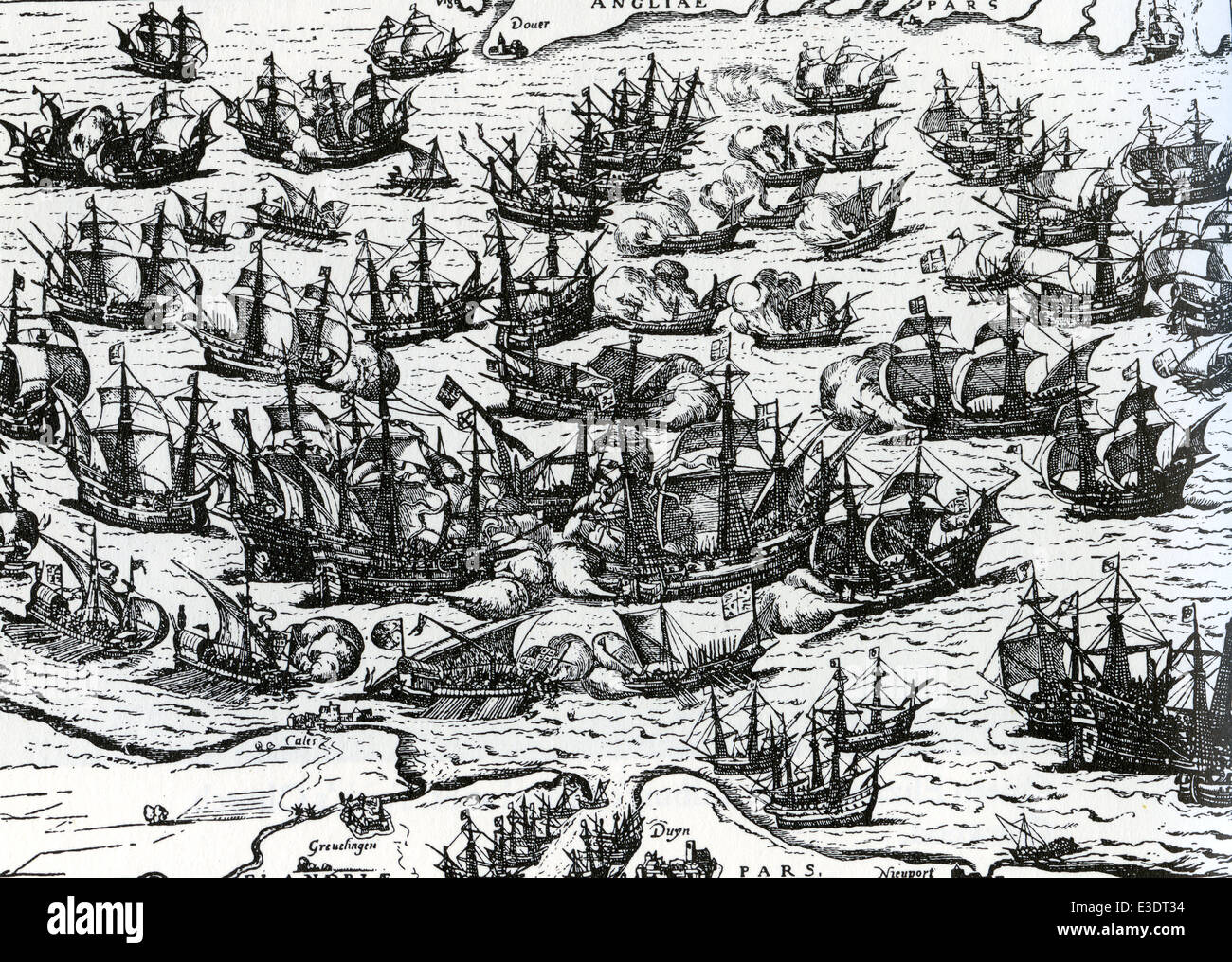 THE SPANISH ARMADA in a contemporary print by Frans Hogenberg showing English fireships top centre Stock Photo