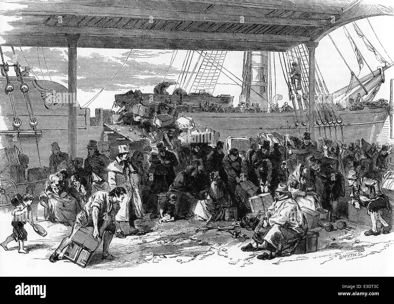 IRISH EMIGRATION from Waterloo Docks, Liverpool, engraving in The Illustrated London News, 6 July 1850 Stock Photo