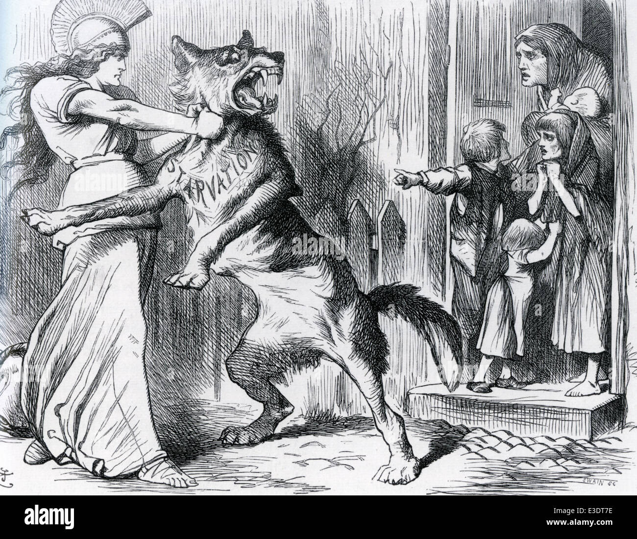 ERIN BRAVLEY TUSSELS WITH THE WOLF OF STARVATION TO RESCUE THE POOR PEOPLE OF IRELAND,Cartoon by Tenniel from Punch January 1879 Stock Photo
