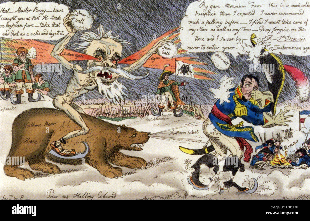 JACK FROST ATTACKING BONEY IN RUSSIA  Hand-coloured cartoon by William Elms, a contemporary of Gillray. Published in 1812 Stock Photo