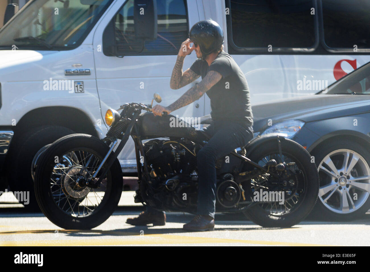 David Beckham Riding His Custom Built 93 Knucklehead Motorbike In West Hollywood Wearing No Protective Leathers Featuring David Beckham Where Los Angeles Ca United States When 16 Oct 2013 Stock Photo Alamy