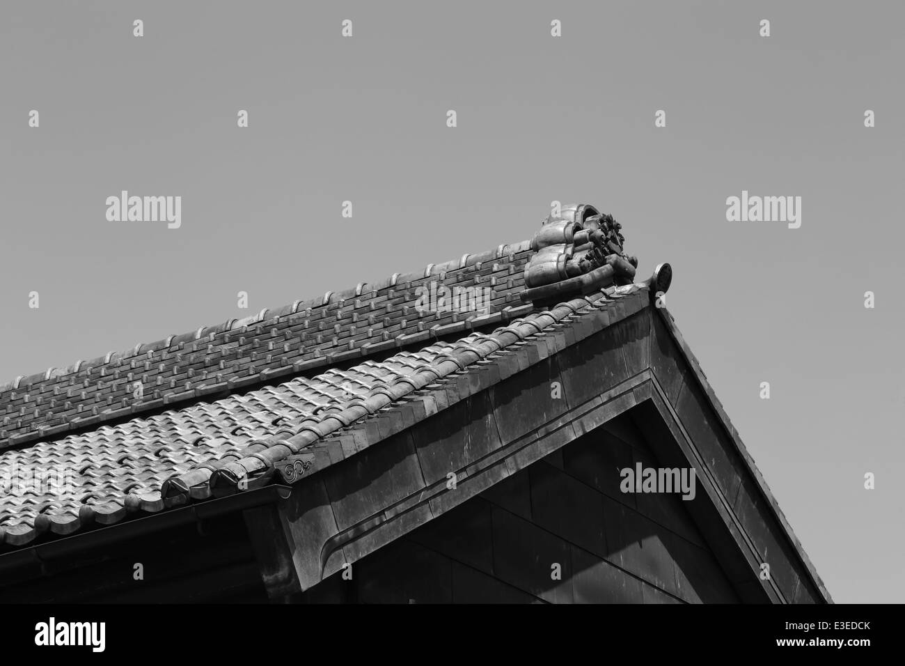 roof of traditionally japanese style with sky (gray scale) Stock Photo