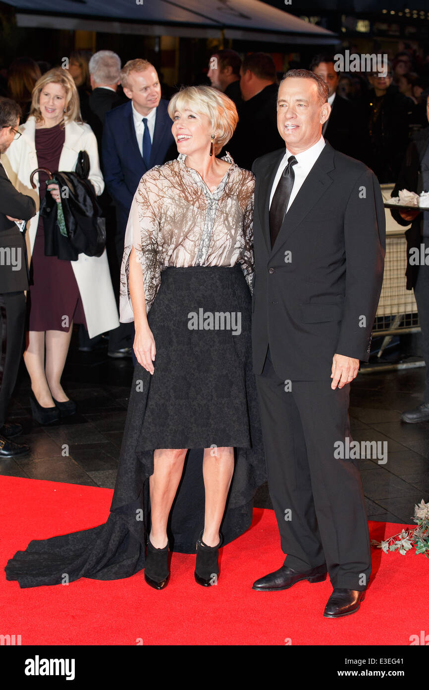 Emma Thompson and Tom Hanks, break into song on red carpet during the  premiere of "Saving Mr. Banks" at the Odeon Leicester Square. The closing  of the 57th BFI London Film Festival.