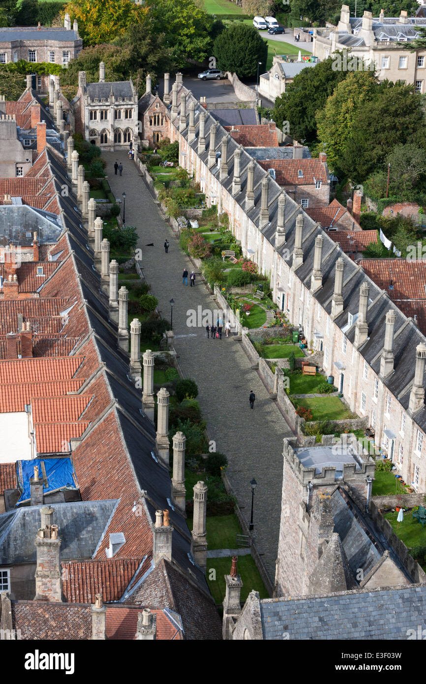 Vicar's Close viewed from the top of Wells Cathedral, Wells, Somerset Stock Photo