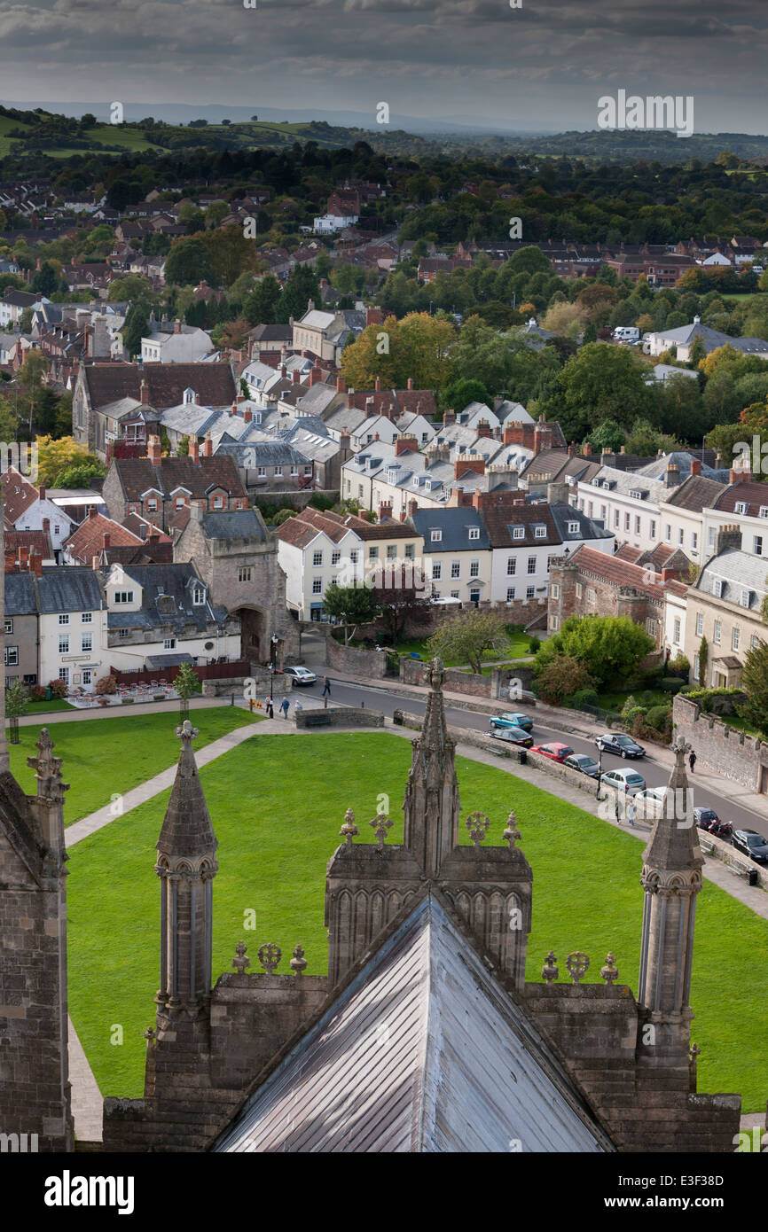 A panoramic view of the City of Wells from the top of Wells Cathedral, Somerset Stock Photo