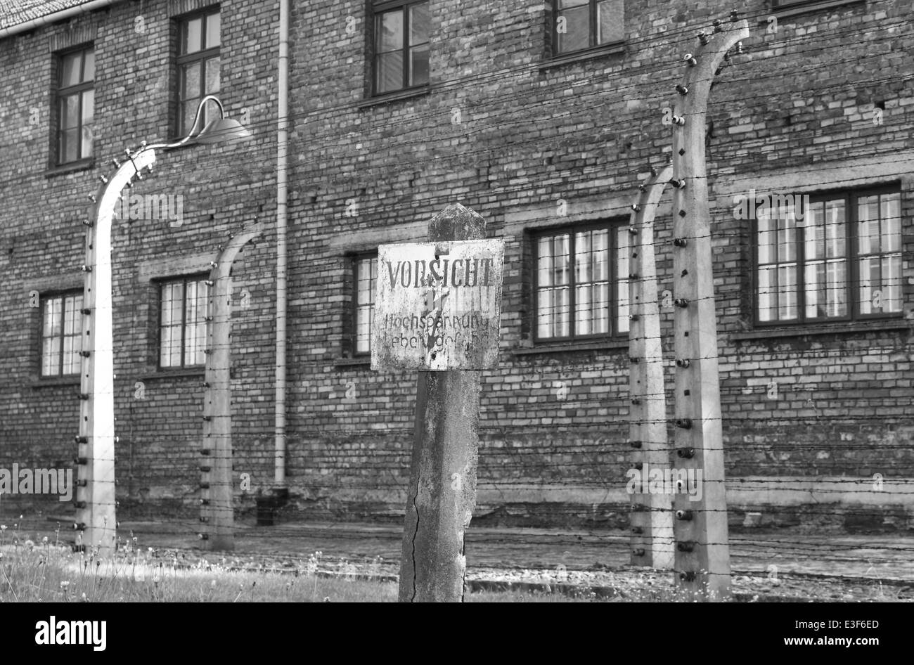 Warning sign at Auschwitz concentration camp, Poland Stock Photo