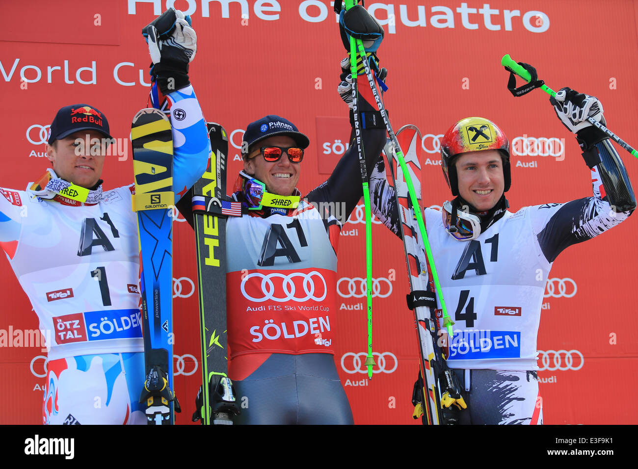 Alpine Ski World Cup in Solden  Featuring: Alexis Pinturault,Ted LIGETY,Marcel HIRSCHER Where: Solden, Austria When: 27 Oct 2013   **Not available for publication in France, Netherlands, Belgium, Spain and Italy. Available for the rest of the world.** Stock Photo