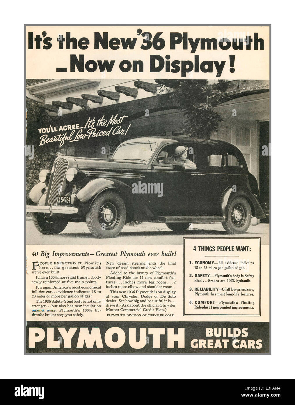 1936 Newspaper advertisement for American Plymouth motor car Stock Photo