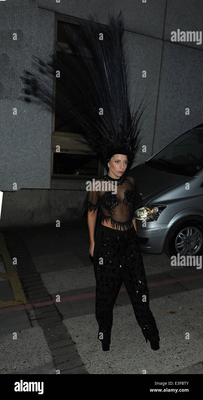 Lady Gaga Peacock Feather Hat Leaving ITV studios after filming the Graham Norton Show.  Featuring: Lady Gaga Where: London, United Kingdom When: 29 Oct 2013 Stock Photo