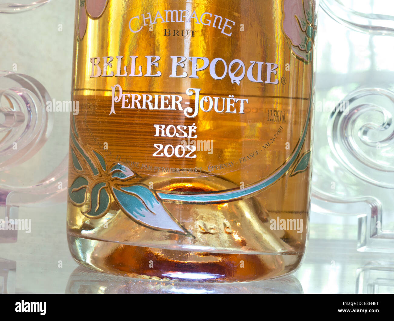 Close view on Perrier Jouet cuvee Belle Epoque rose fine luxury champagne bottle in fine dining bar situation Stock Photo