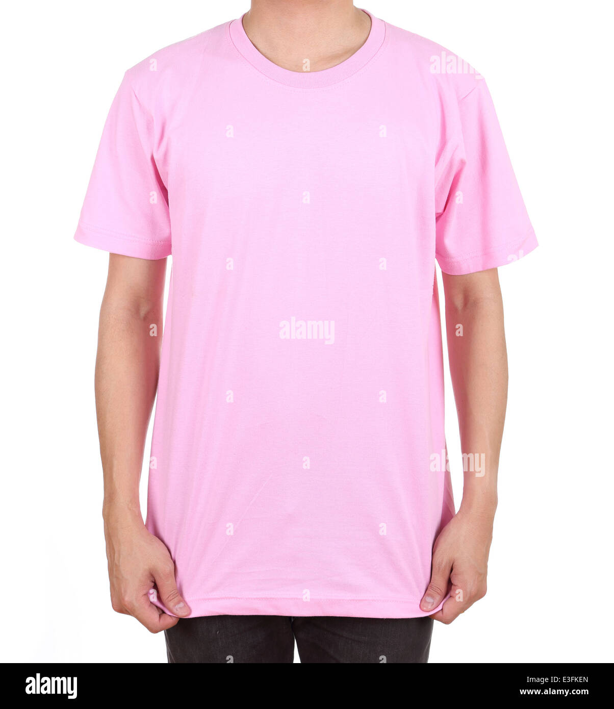 blank pink t-shirt on man (front side) isolated on white background