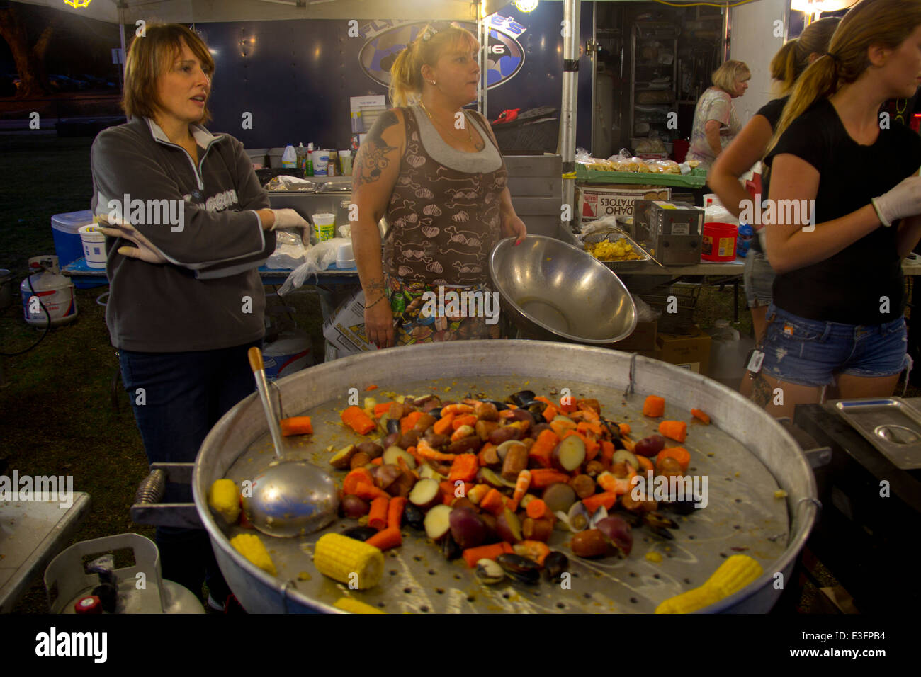 A tasty-looking low country boil awaits hungry guests at the St. Augustine Lions Seafood Festival, St. Augustine, FL Stock Photo