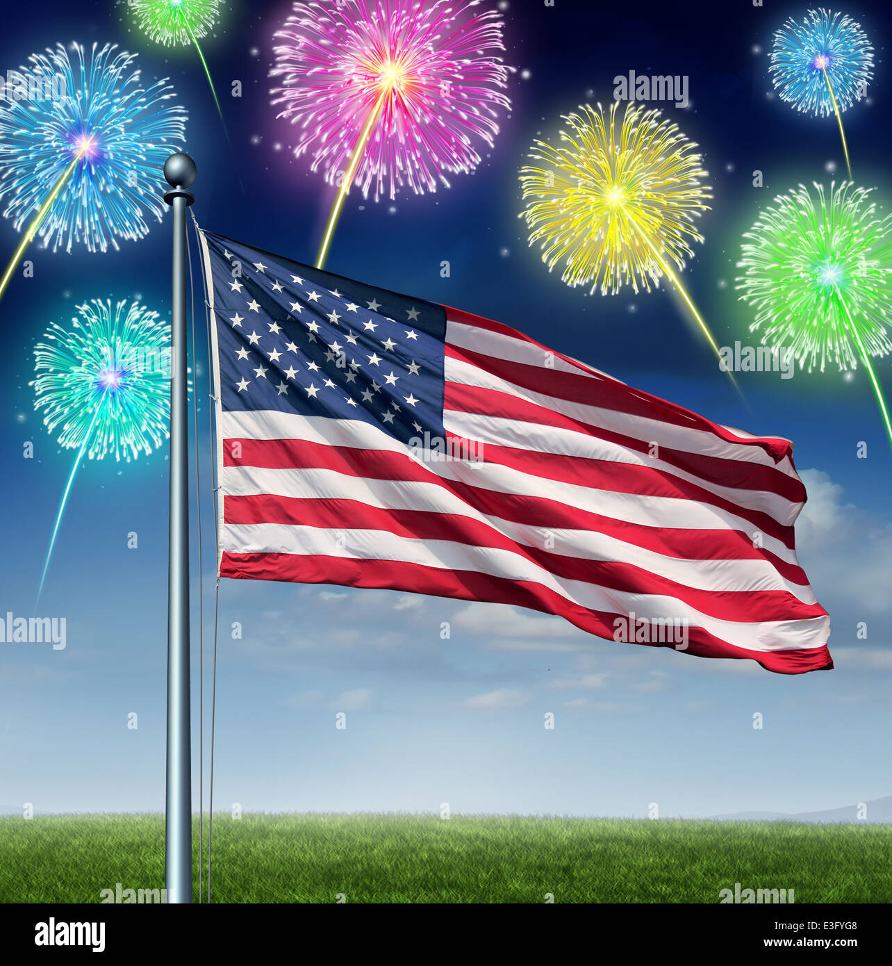 American celebration and national Holiday of fourth of July concept as a USA flag flying over a 