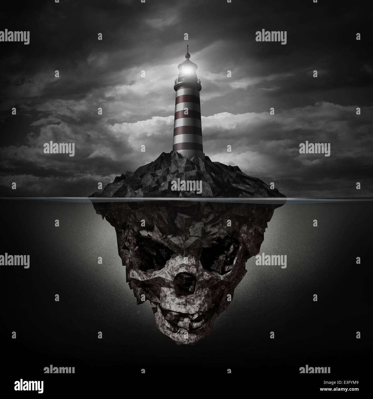 Dangerous advice and bad direction concept as a glowing lighthouse beacon on a rock island shaped as an underwater human skull on a dark background as a metaphor for dishonesty and deception. Stock Photo