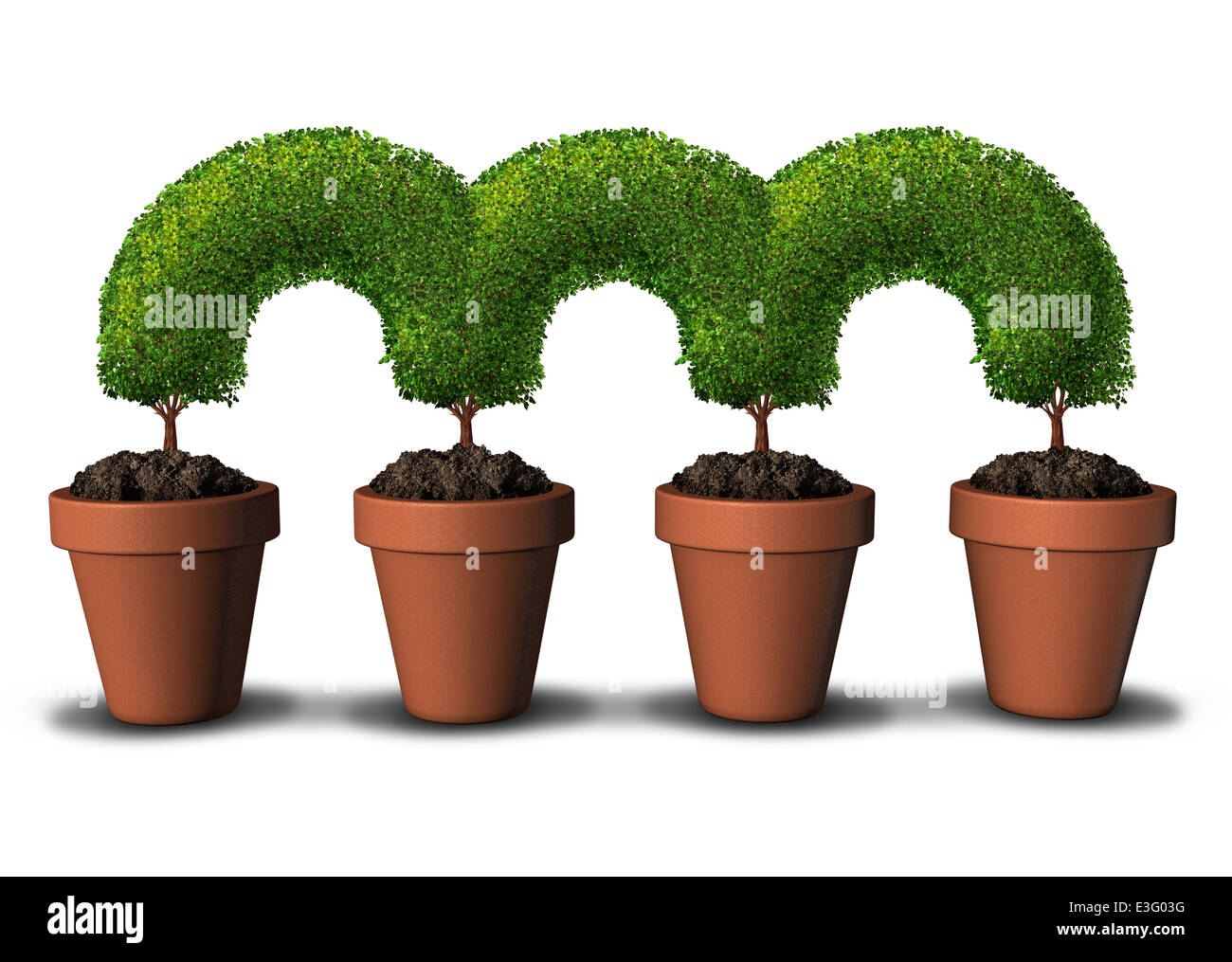 Growth network business concept as a group of planting pots with trees connected together in a linked chain as a metaphor for communication and partnership success or bridging the gap by growing in unity. Stock Photo