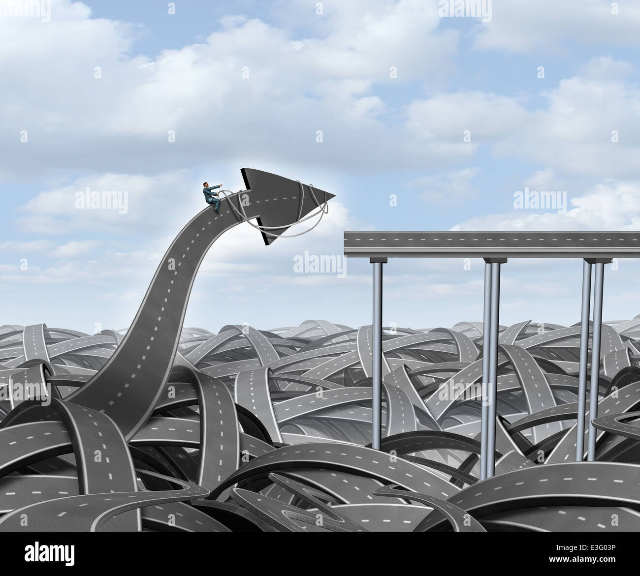 Journey success business concept as a businessman guiding a road arrow out of chaos to connect with a straight bridge as a metaphor for leadership and the determined courage of individualism. Stock Photo