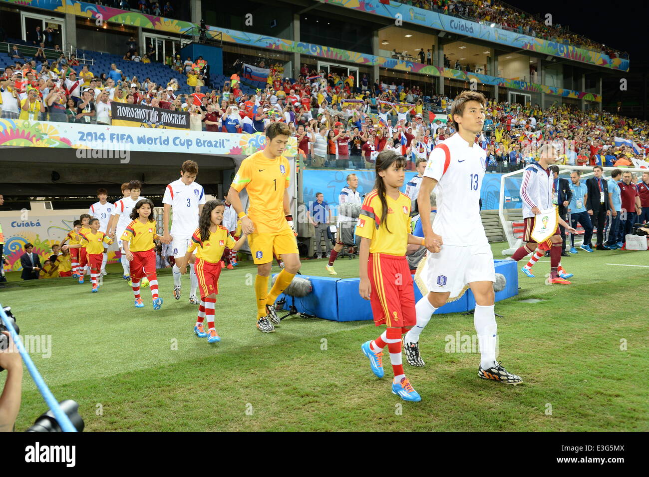 Cuiaba, Brazil. 17th June, 2014. South Korea team group (KOR) Football/Soccer : (R-L) Koo Ja-Cheol, Jung Sung-Ryong and Yun Suk-Young of South Korea enter the pitch before the FIFA World Cup Brazil 2014 Group H match between Russia 1-1 South Korea at Arena Pantanal in Cuiaba, Brazil . © SONG Seak-In/AFLO/Alamy Live News Stock Photo