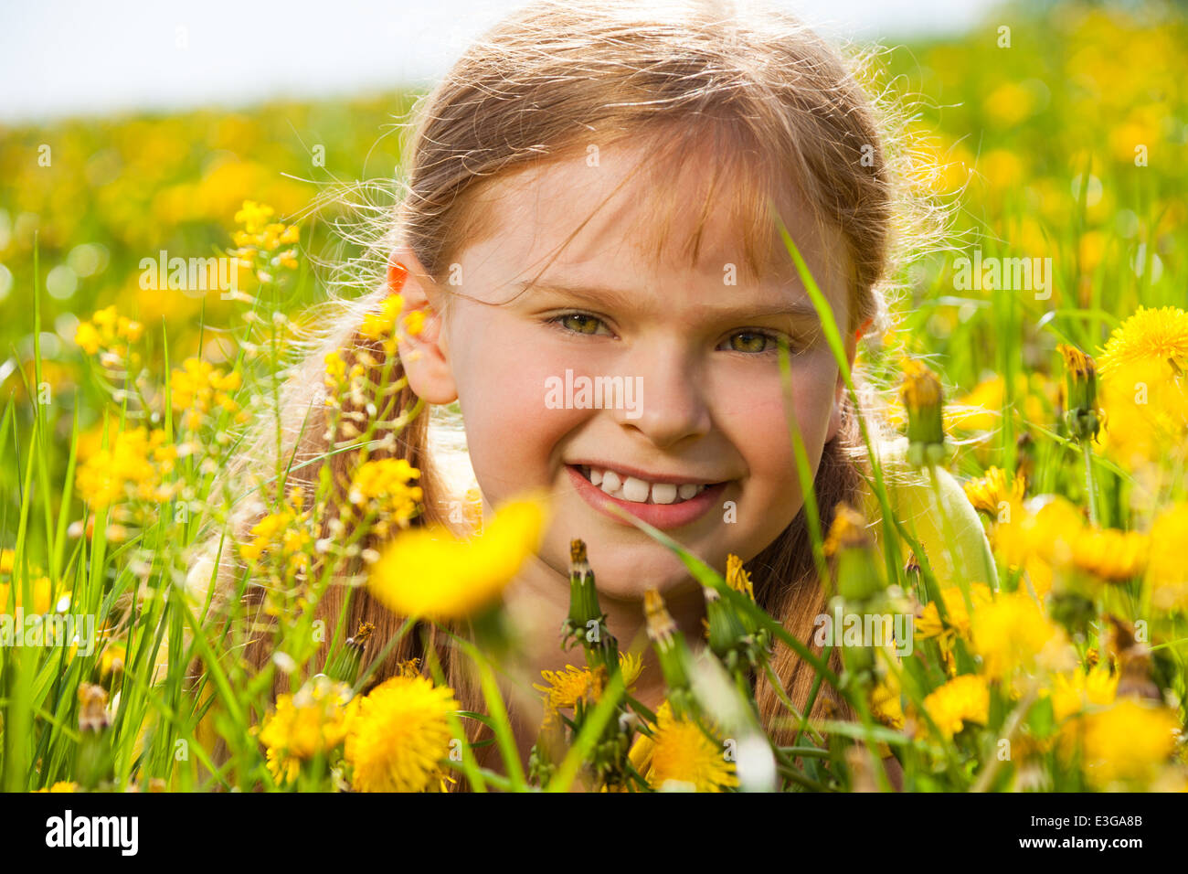 Beautiful smiling girl in dandelions portrait Stock Photo - Alamy