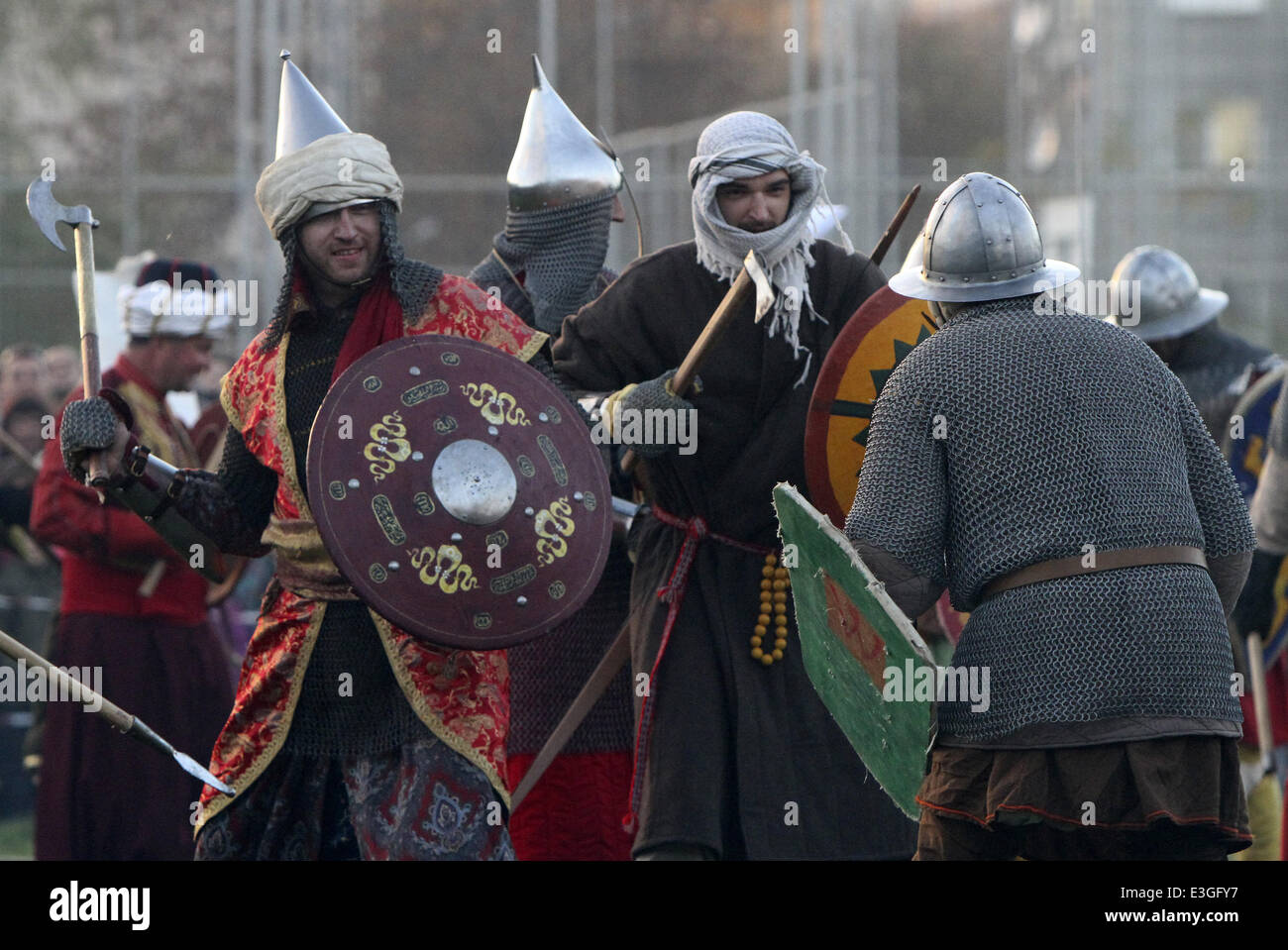 Bulgarian, Czech and Polish amateur actors re-enact a scene from the battle of Polish King Wladyslaw III Warnenczyk against Ottoman Turks 569 years ago near the town of Varna. About a hundred history enthusiasts and amateur actors gathered near the town o Stock Photo