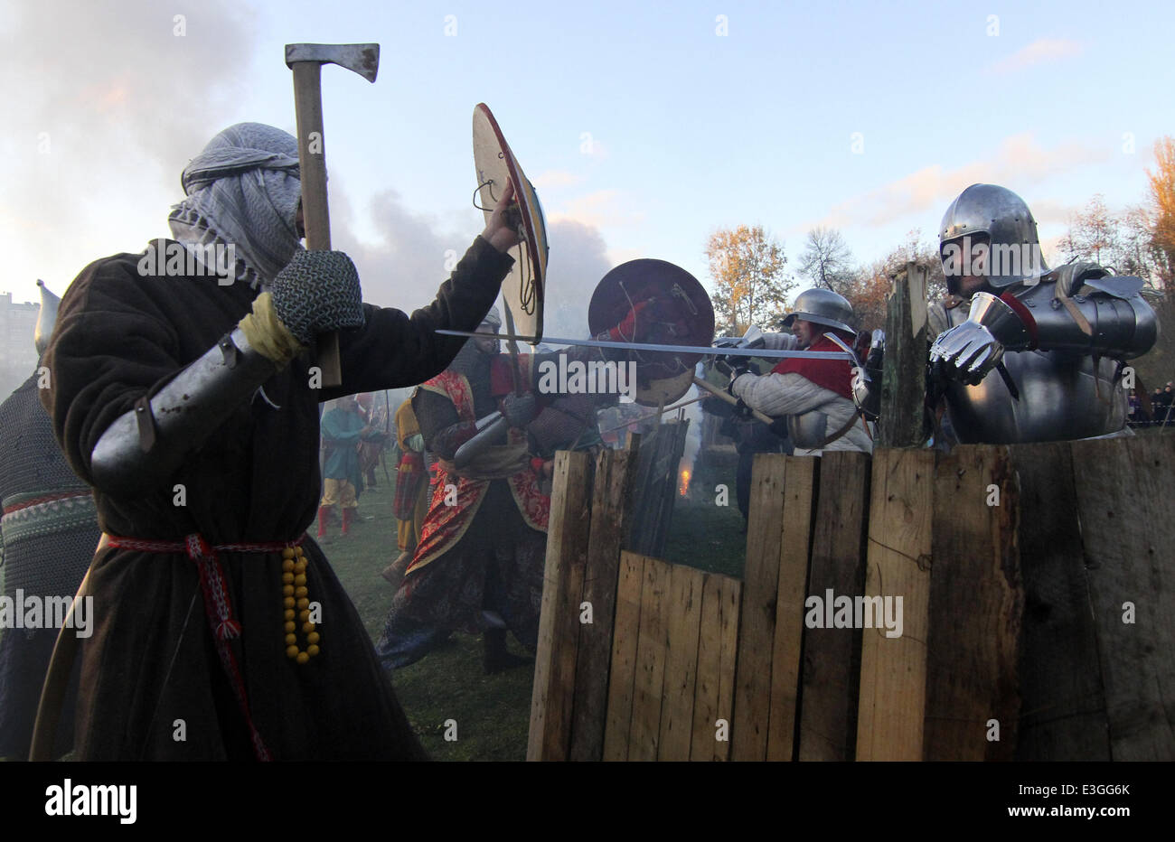Bulgarian, Czech and Polish amateur actors re-enact a scene from the battle of Polish King Wladyslaw III Warnenczyk against Ottoman Turks 569 years ago near the town of Varna. About a hundred history enthusiasts and amateur actors gathered near the town o Stock Photo