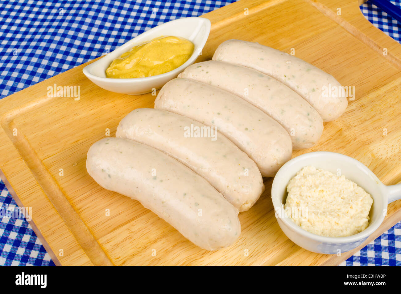 German Bratwurst sausages with mustard and horseradish, traditional food Stock Photo