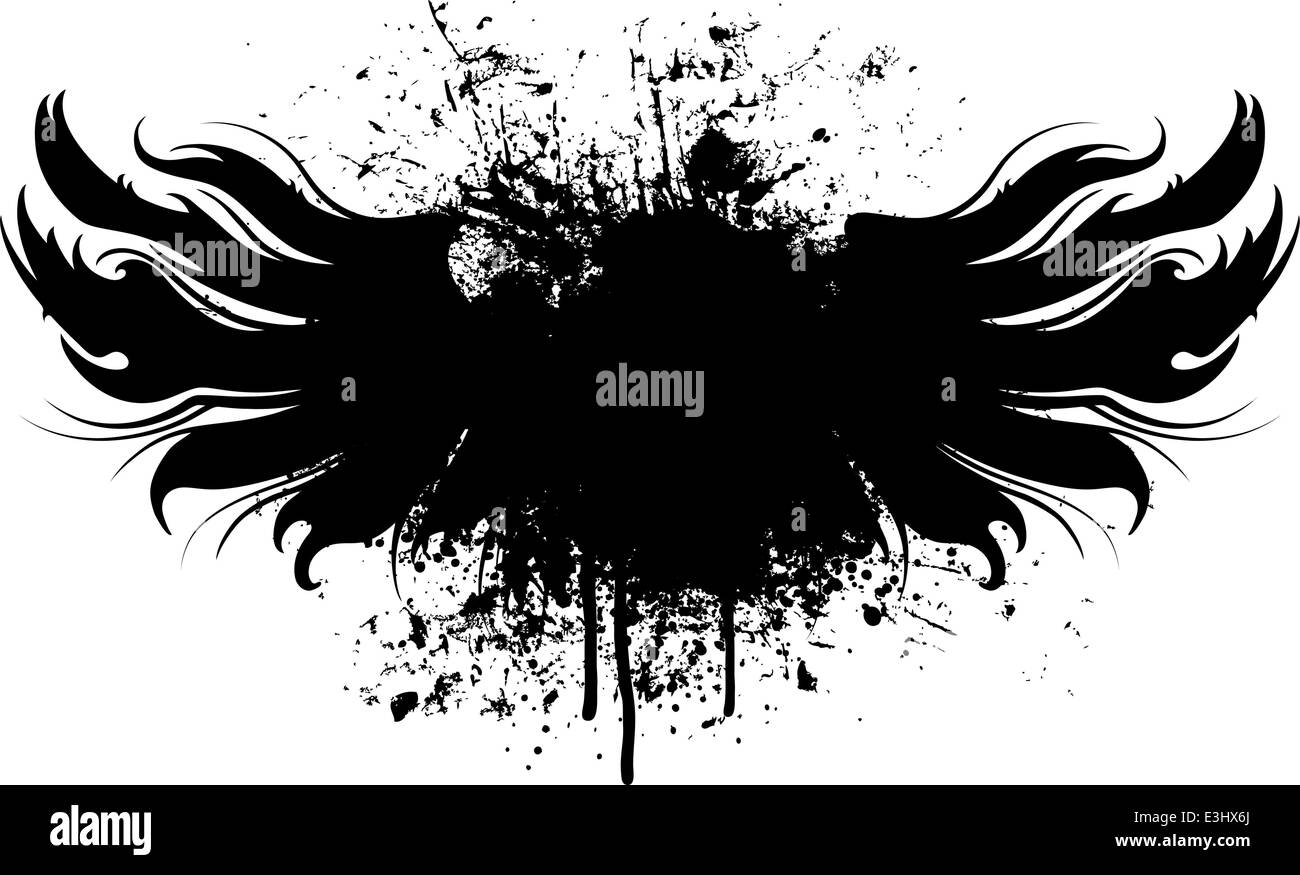 Black grunge wings illustration with paint splatter background Stock Vector