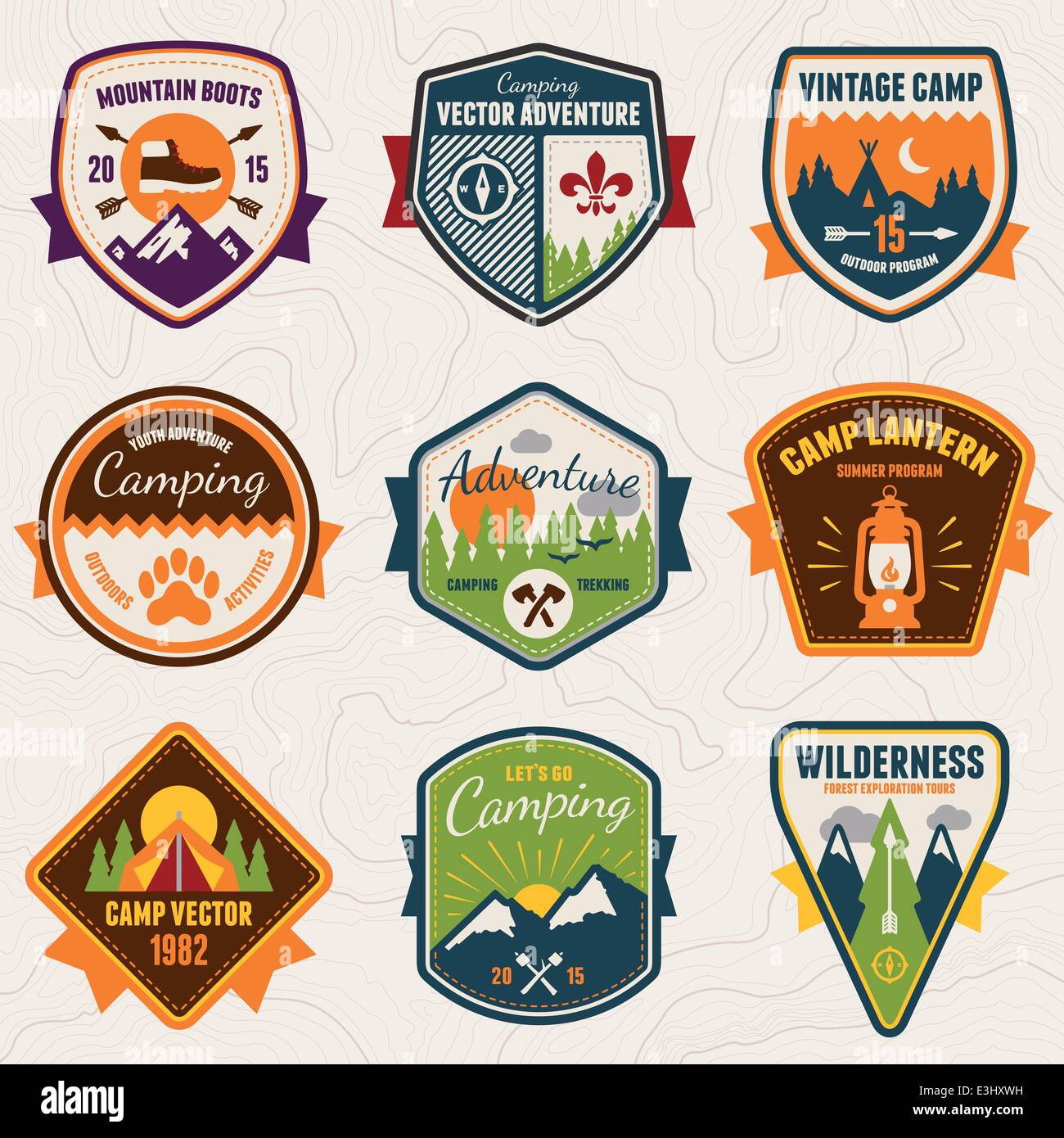 Set of vintage summer camp badges and outdoors emblems Stock Vector
