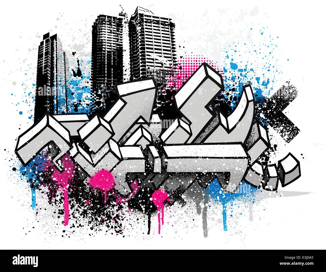 Graffiti city sketch with blue and pink grunge paint splatter Stock