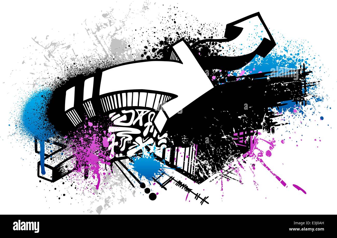Black graffiti sketch with blue and pink grunge paint splatter Stock