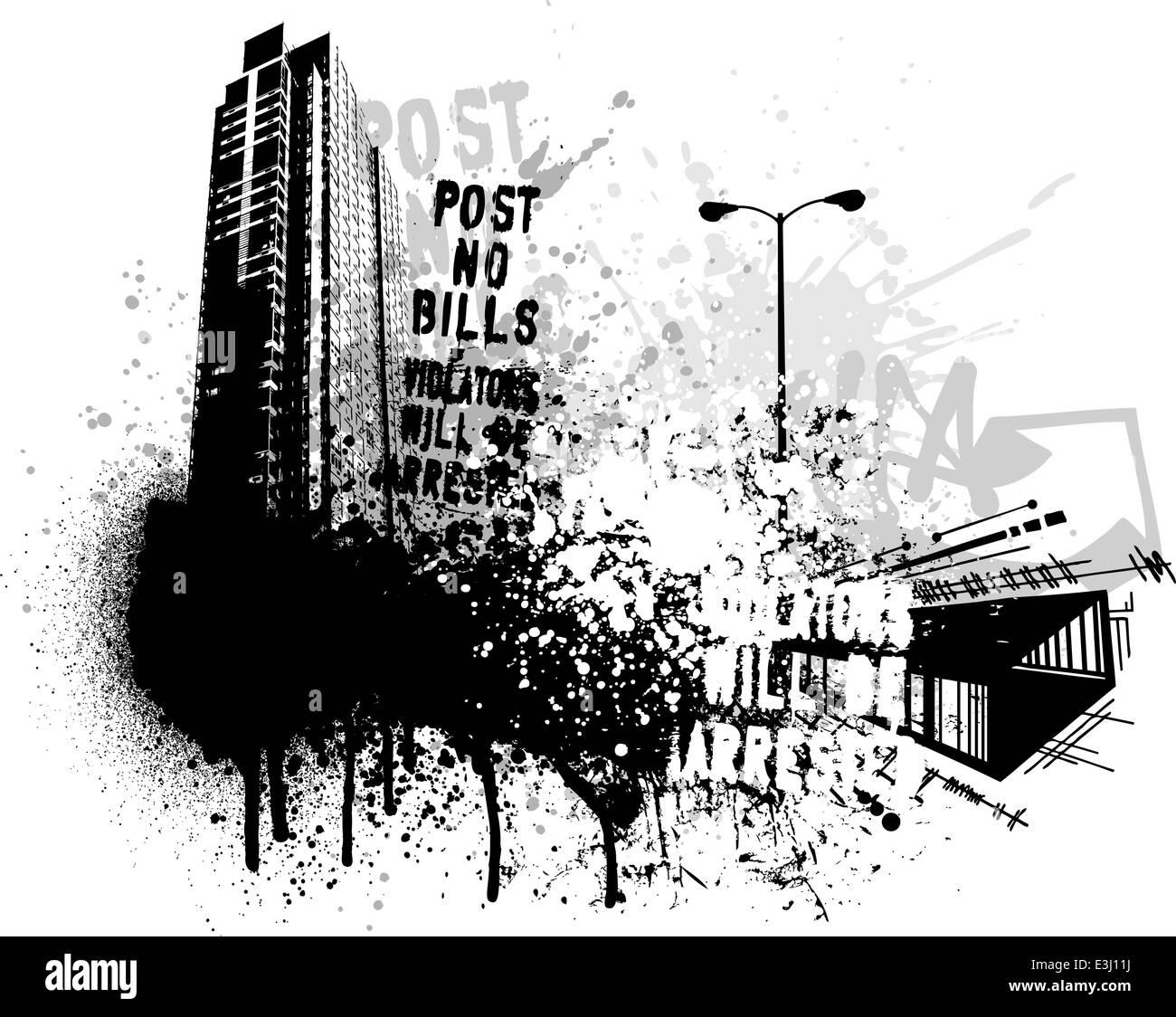 Black graffiti and paint splatter grunge city image Stock Black graffiti and paint splatter grunge city image Stock
