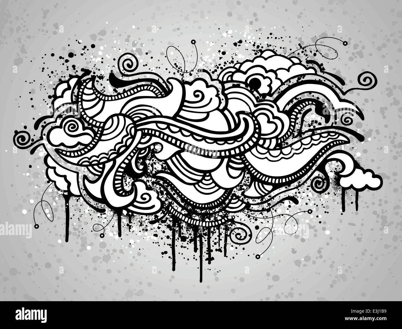 Black abstract cloud drawing with spray paint splatter Stock Vector