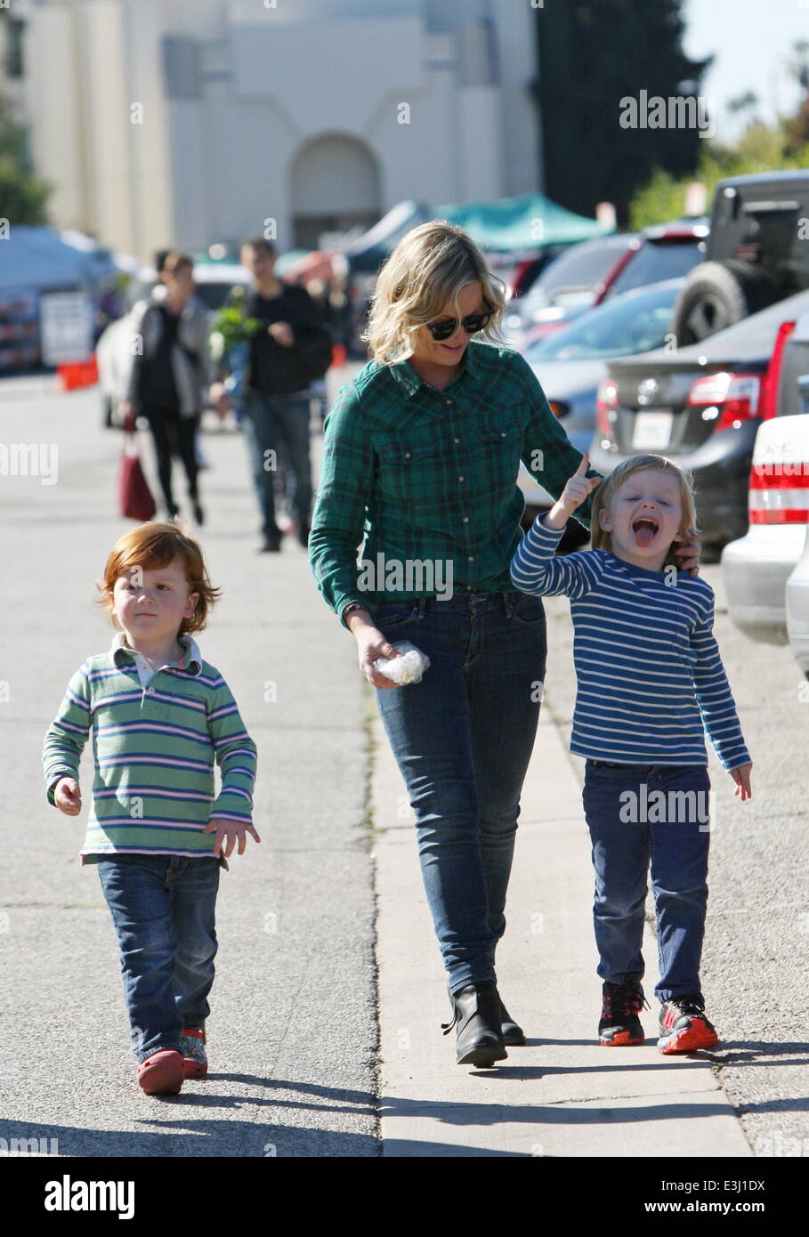 Amy Poehler with her sons at the Farmers Market in Beverly Hills
