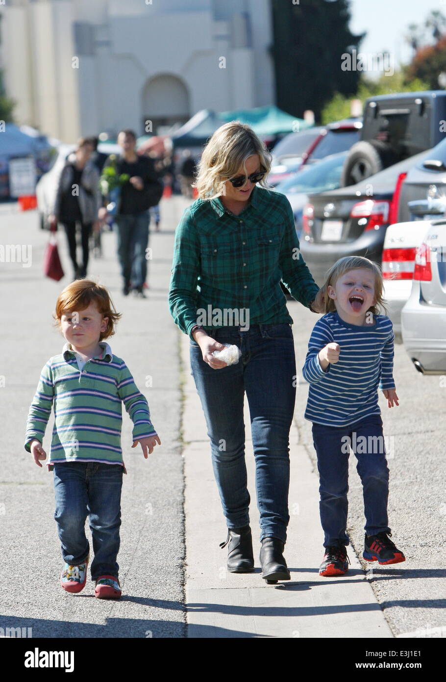 Amy Poehler with her sons at the Farmers Market in Beverly Hills
