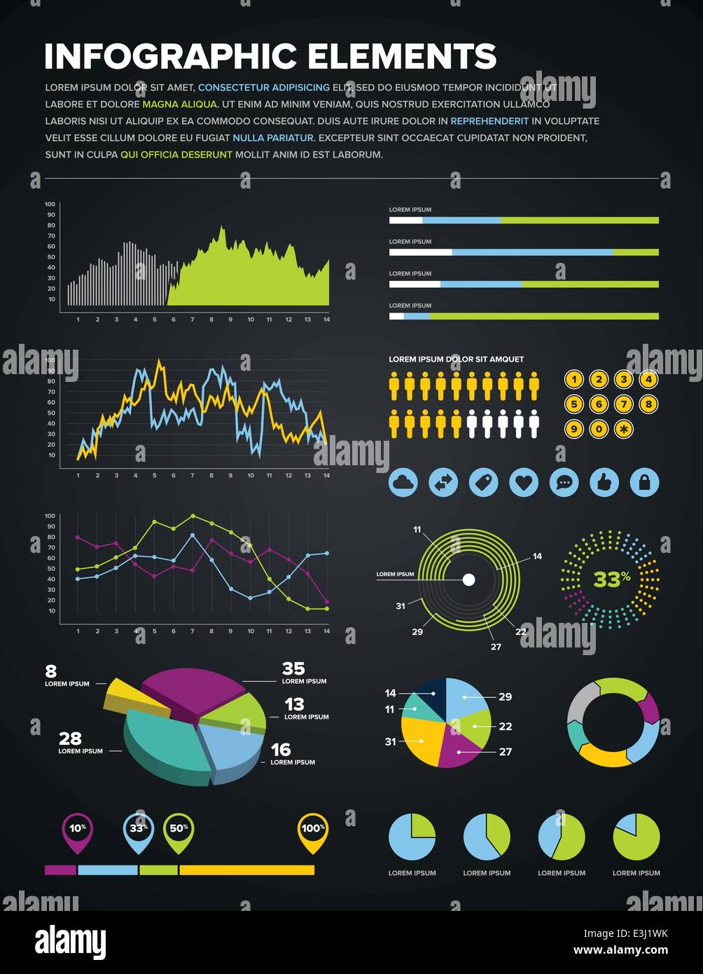 Set of infographic charts, icons, and design elements Stock Vector