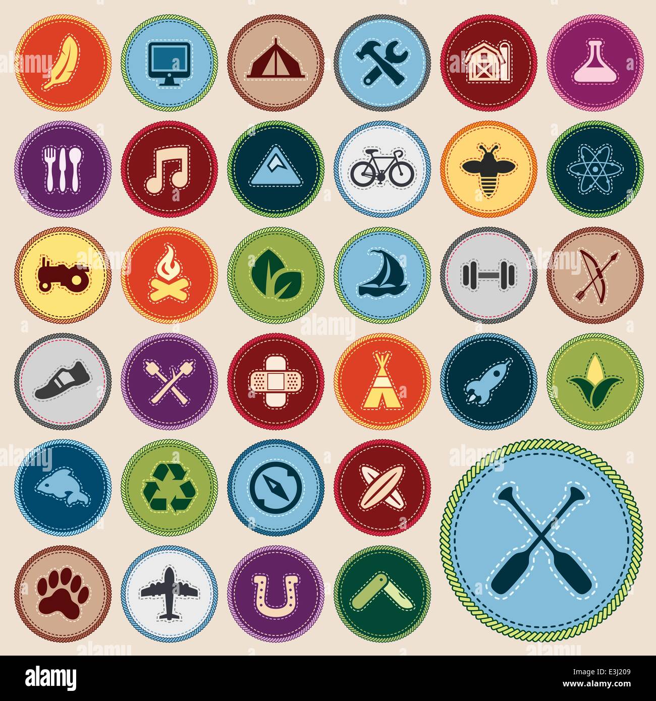 Set of scout merit badges for outdoor and academic activities Stock Vector