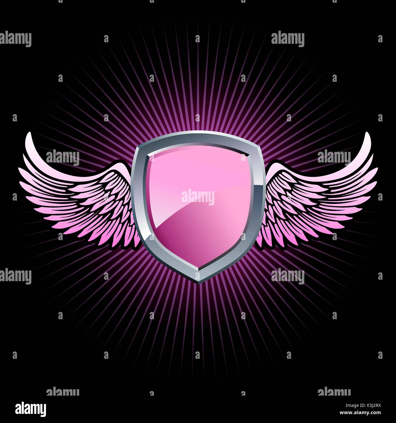 Glossy pink and silver shield emblem with background wings Stock Vector
