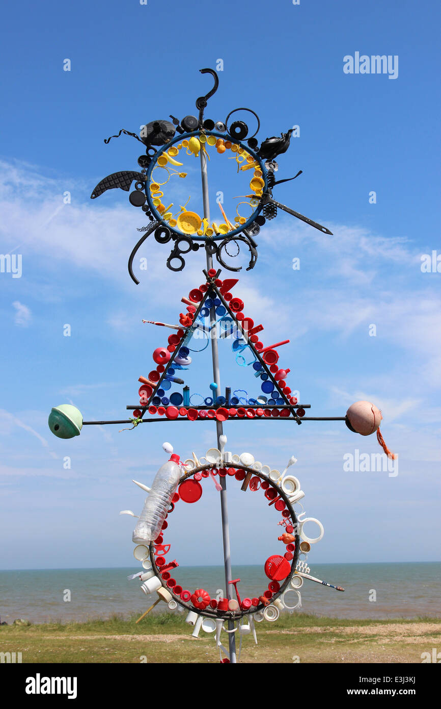 Beach Sculpture Made From Pieces Of Plastic Washed Up On The Beach At Minsmere, UK Stock Photo
