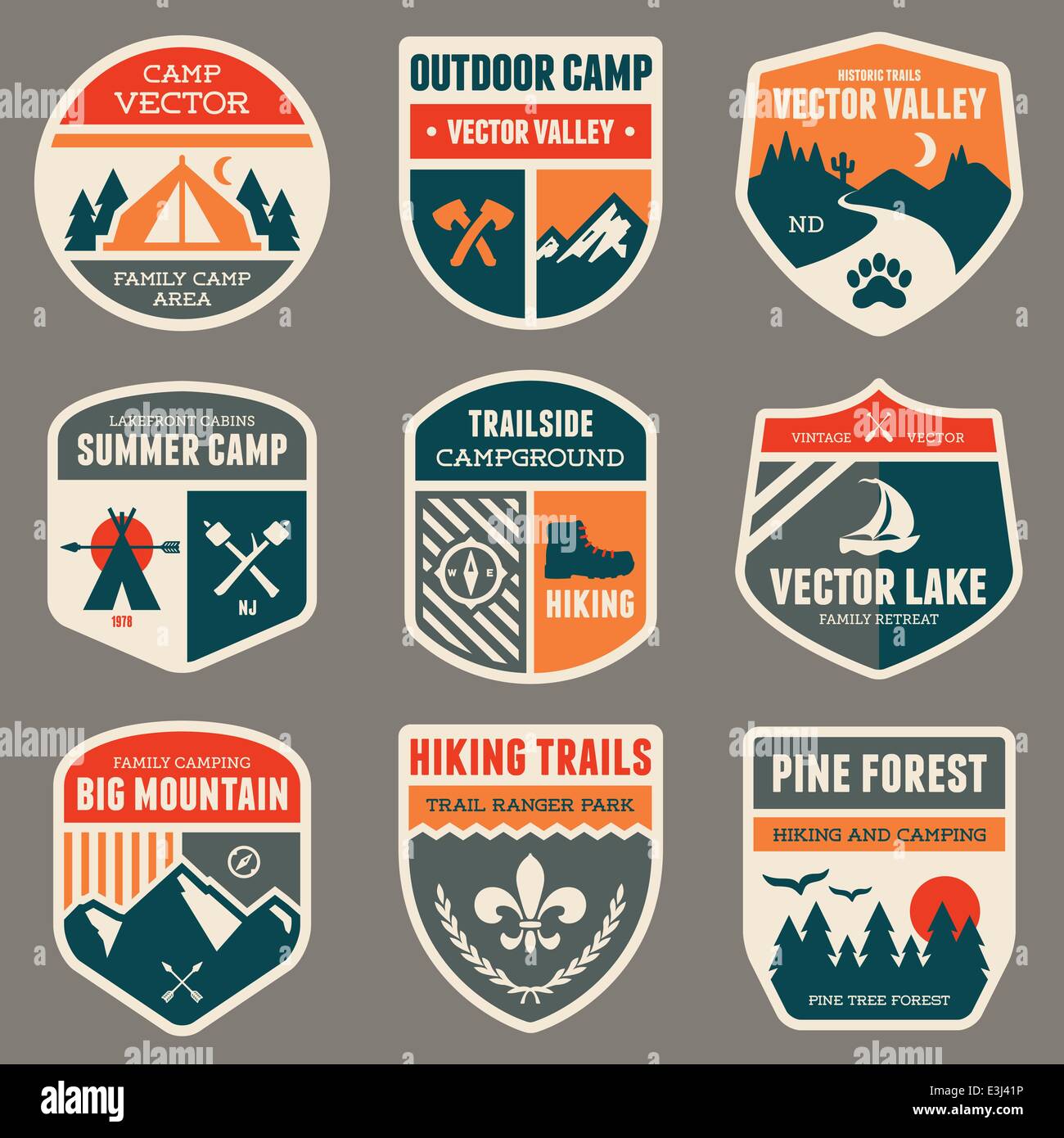 Set of vintage outdoor camp badges and emblems Stock Vector