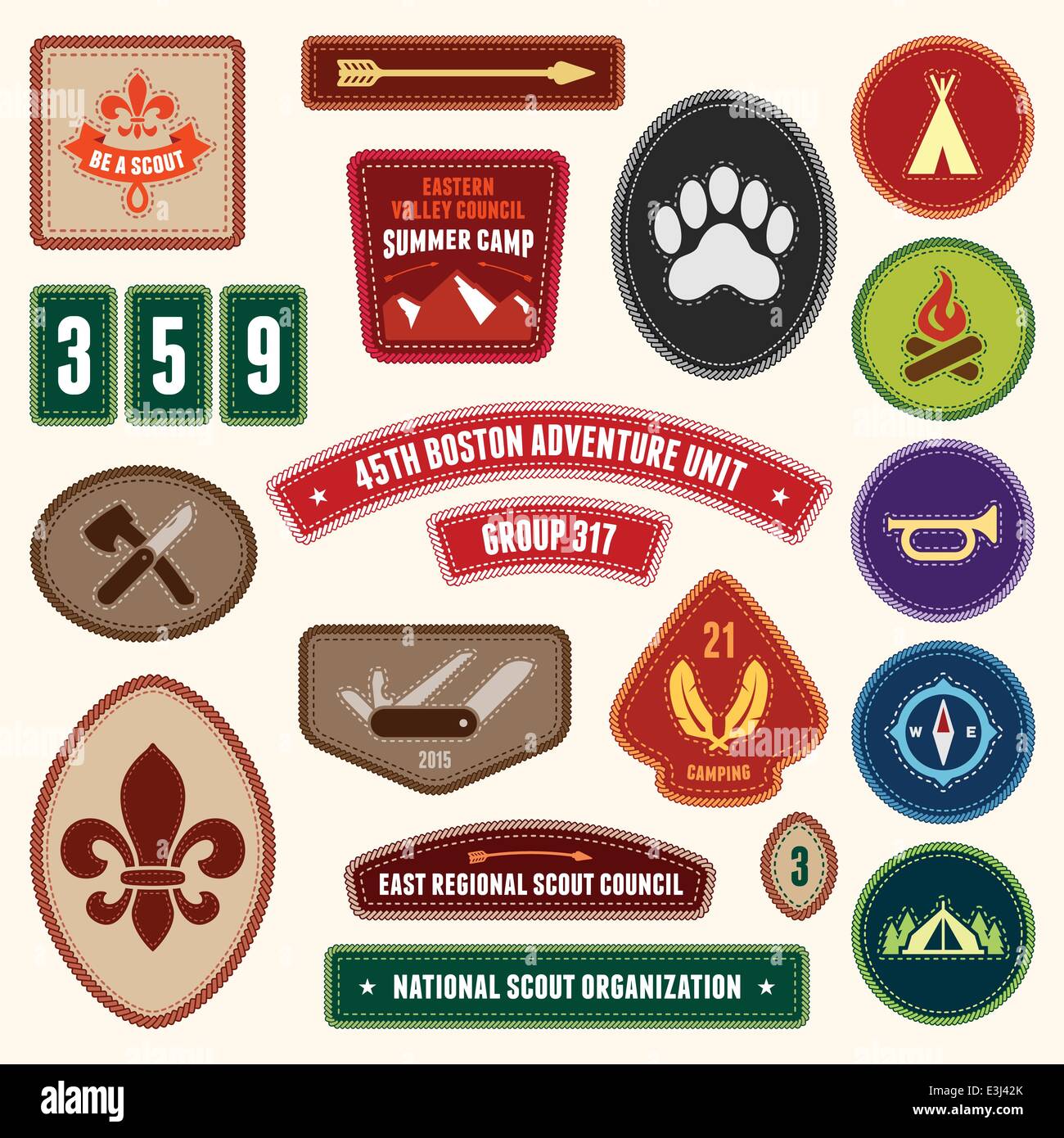Set of scouting badges and merit badges for outdoor activities Stock Vector