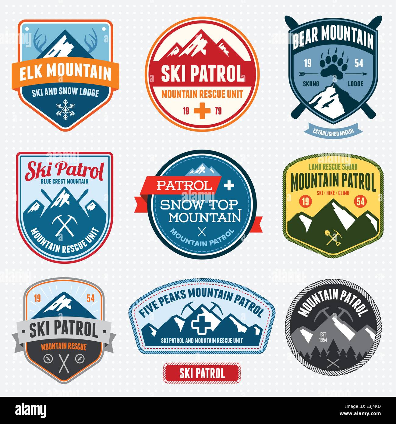 Set of ski patrol mountain badges and patches Stock Vector