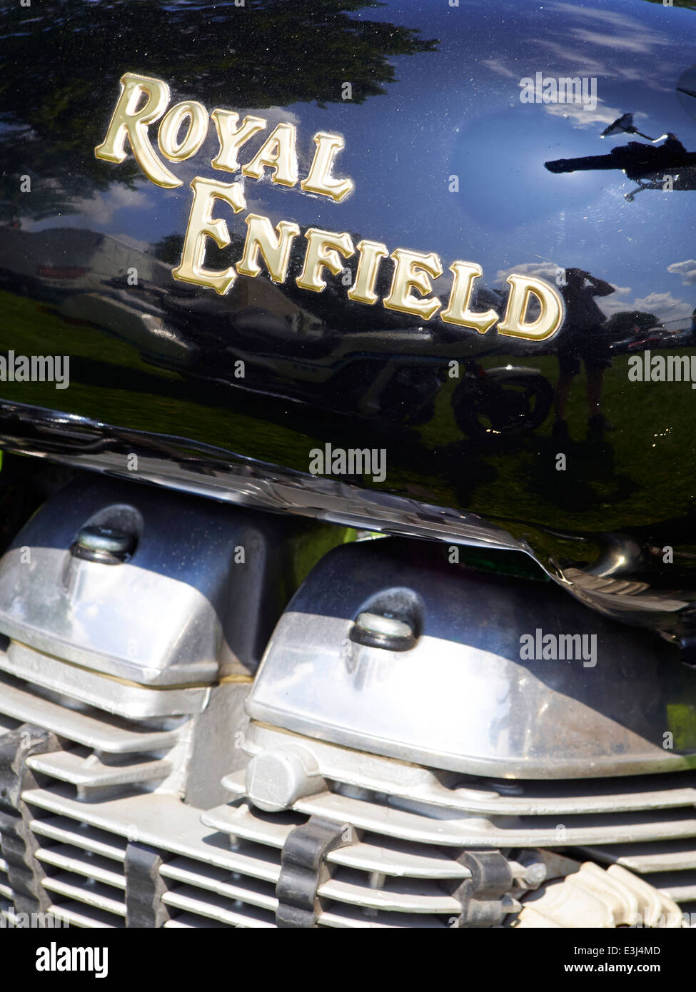 Gold Royal Enfield lettering on the petrol tank of an Indian built Royal Enfield Bullet 350cc motorcycle. Stock Photo