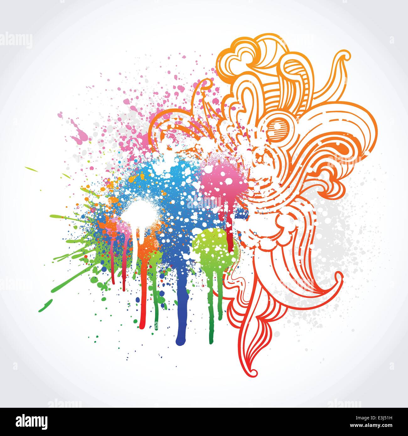 Colorful swirl sketch with grunge paint splatter Stock Vector