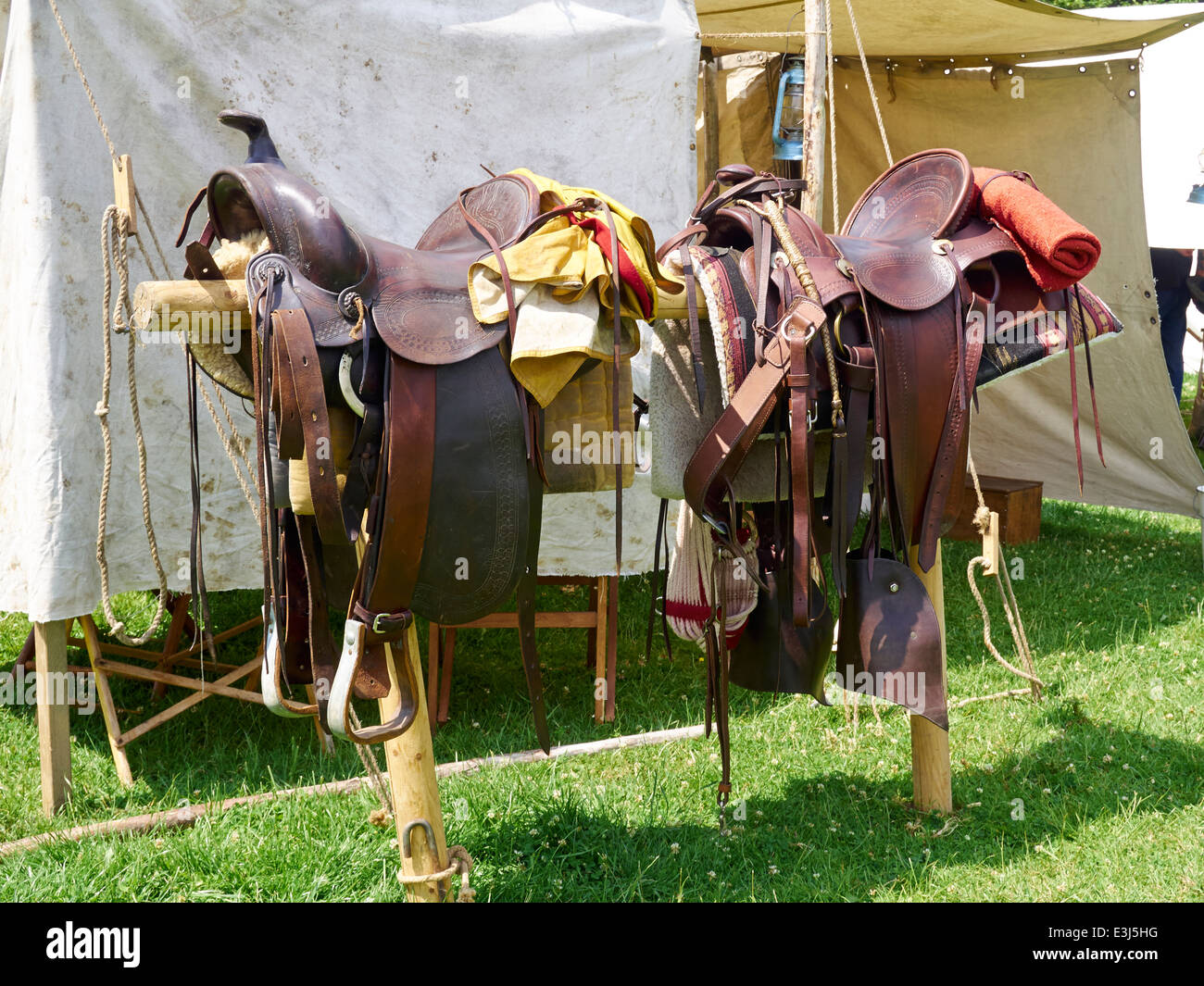 Scene from a re-enactment of a Wyoming pioneer tented settlement - American saddles on a hitching rail. Stock Photo